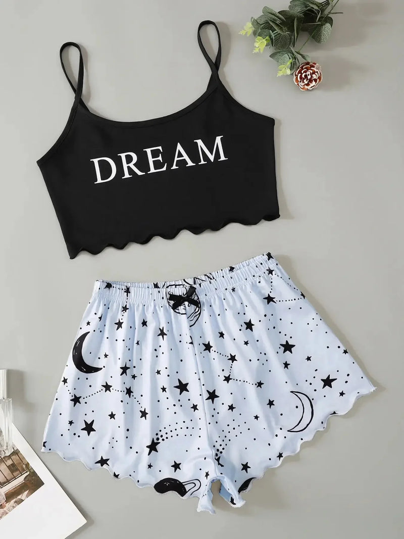 Summer Moon Stars Letter Printed Pajama Set Women Sexy Lingerie Sleeveless Crop Tops with Shorts Pyjamas Sets Suit Sleepwear