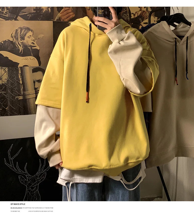 Hooded Sweatshirts Patchwork Fake Two Piece Pullover Top Student Oversized Hooded Korean Fashion High Street Hip Hop Men Clothes