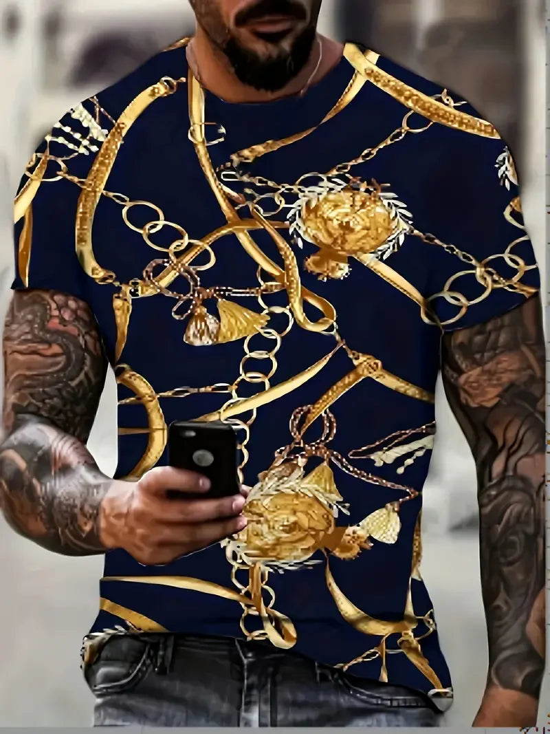 Retro men's short sleeved shirt with luxurious gold Baroque chain pattern suitable for summer banquet street wear