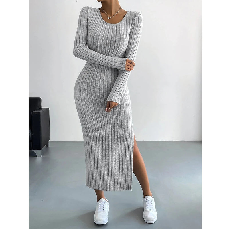 Mia Muse Women's Dresses Autumn French Plain Stripe Split Long Sleeve Scoop Neck Bodycon Full Length Maxi Casual Dresses