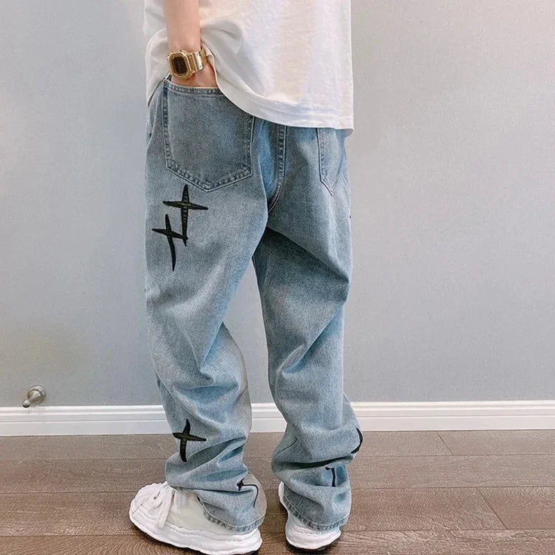 Men Designer Prints Star Jeans Streetwear Loose Wide Leg Jeans Boyfriend Vintage Fashion Straight Casual Loose Denim Cargo Pants