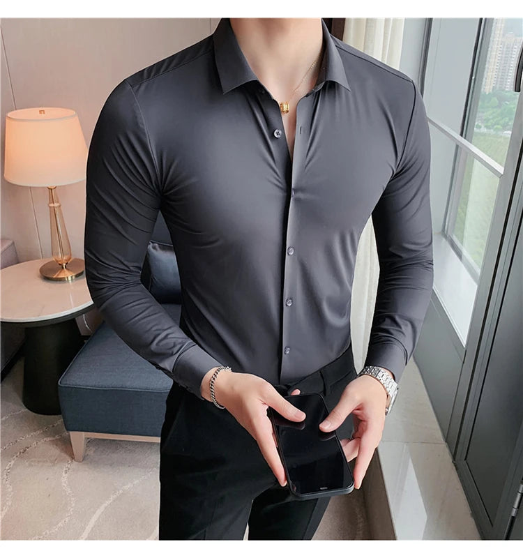 Plus Size 4XL-M High Elasticity Seamless Shirts Men Long Sleeve Top Quality Slim Casual Luxury Shirt Social Formal Dress Shirts