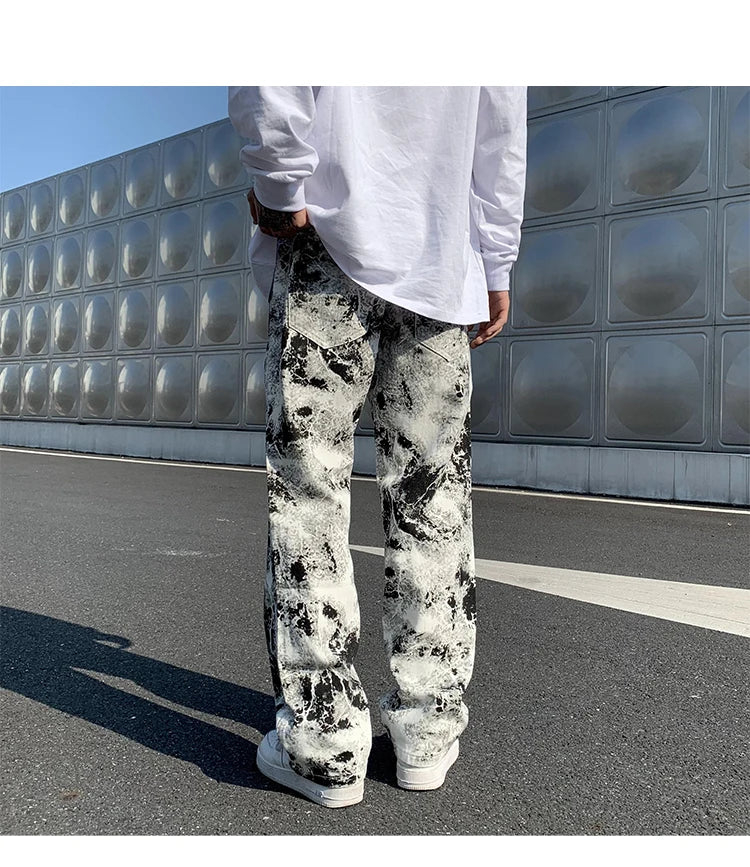 Mens Jean Fashion Printed jeans Spring 2024 Mopping Trousers Jeans Korean Style High Street Loose Hip Hop Wide-leg Jean Pants