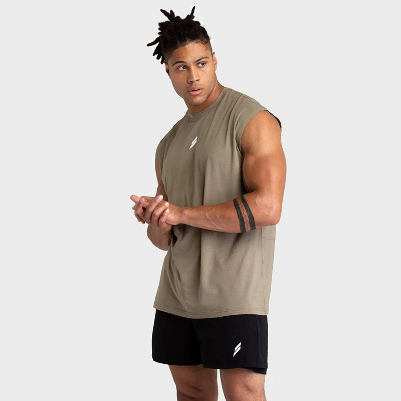 Camisas de algodão sem mangas soltas masculinas, camiseta esportiva respirável, regata masculina