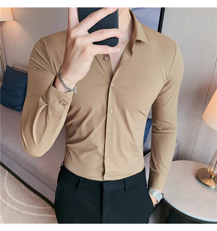 Plus Size 4XL-M High Elasticity Seamless Shirts Men Long Sleeve Top Quality Slim Casual Luxury Shirt Social Formal Dress Shirts