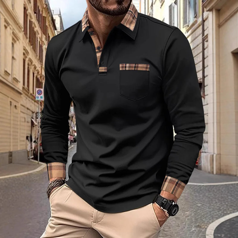 Spring and autumn new men's daily business casual top fashion trend color matching pocket lapel knitted long-sleeved slim polo s