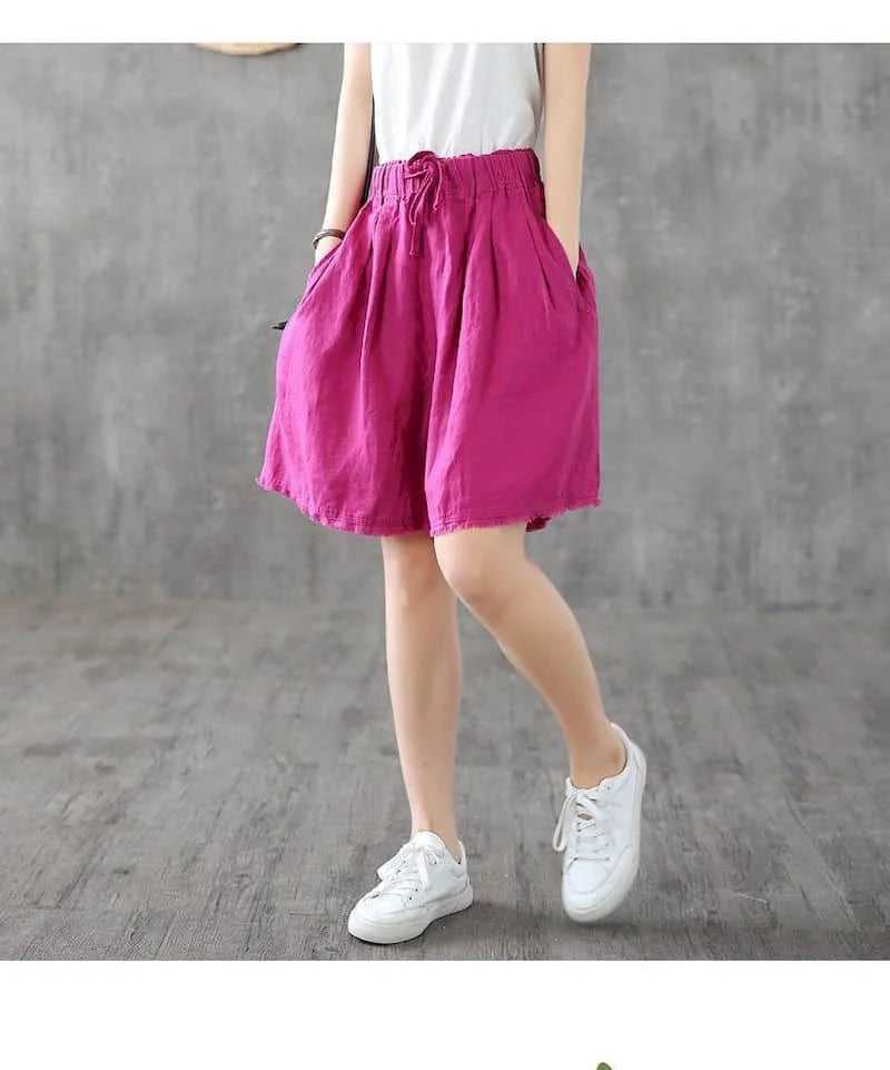 Solid Shorts for Women Summer Sale Linen Casual Straight Short Pants Korean Style Elastic Waist Wide Leg Trousers Women Clothing