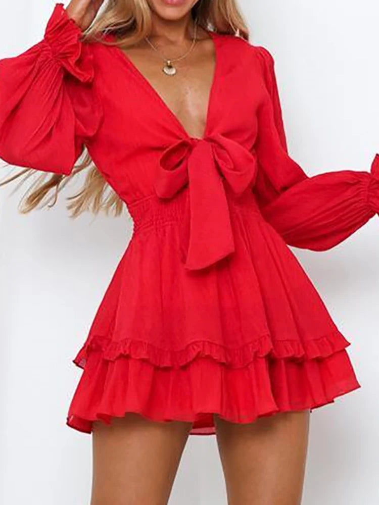 Sexy Cascading Ruffles Women Long Sleeve Mini Dress Deep V-Neck Lace-Up Casual Ladies Party Dress Sweet Streetwear Dropshipping