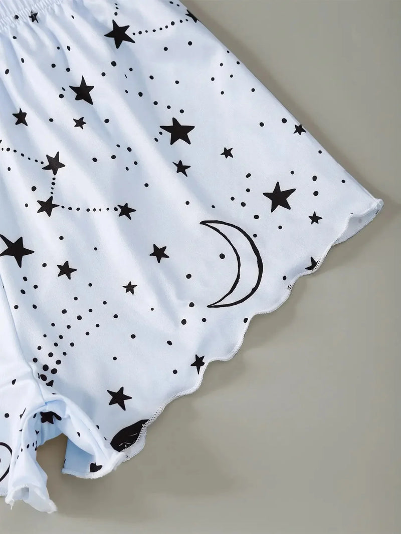 Summer Moon Stars Letter Printed Pajama Set Women Sexy Lingerie Sleeveless Crop Tops with Shorts Pyjamas Sets Suit Sleepwear