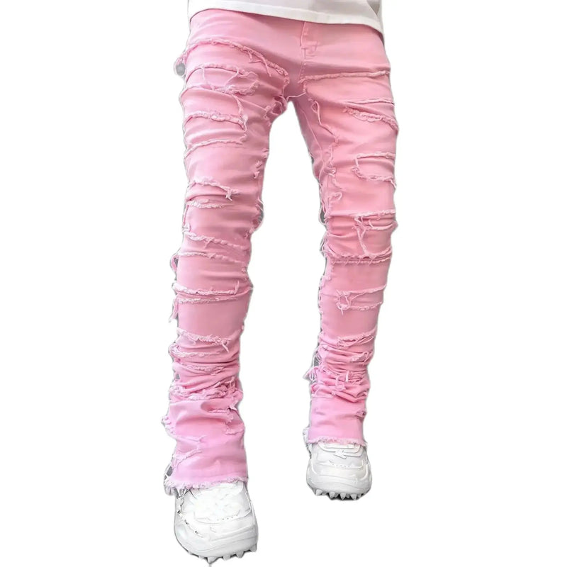 High Street White Men's Stacked Jeans Stretched Patchwork Tassel Damaged Denim Full Length Pants Hip-pop Trousers For Male