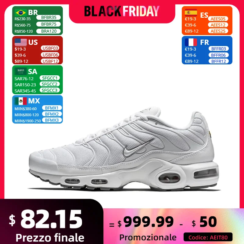 Nike Original Air Max Plus TN Retro Fashion Running Shoes Comfortable Wearable Casual Sneakers Men's and Women's White