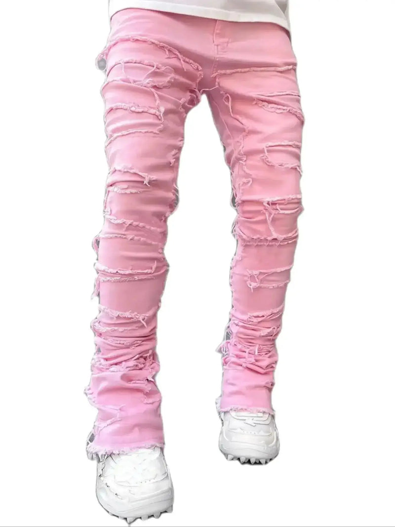 High Street White Men's Stacked Jeans Stretched Patchwork Tassel Damaged Denim Full Length Pants Hip-pop Trousers For Male