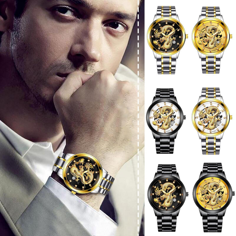 Men's Fashion Business Quartz Watch Fashion Men's Watch Stainless Steel Belt Men's Watches Golden Dragon  Часы Женские Наручные