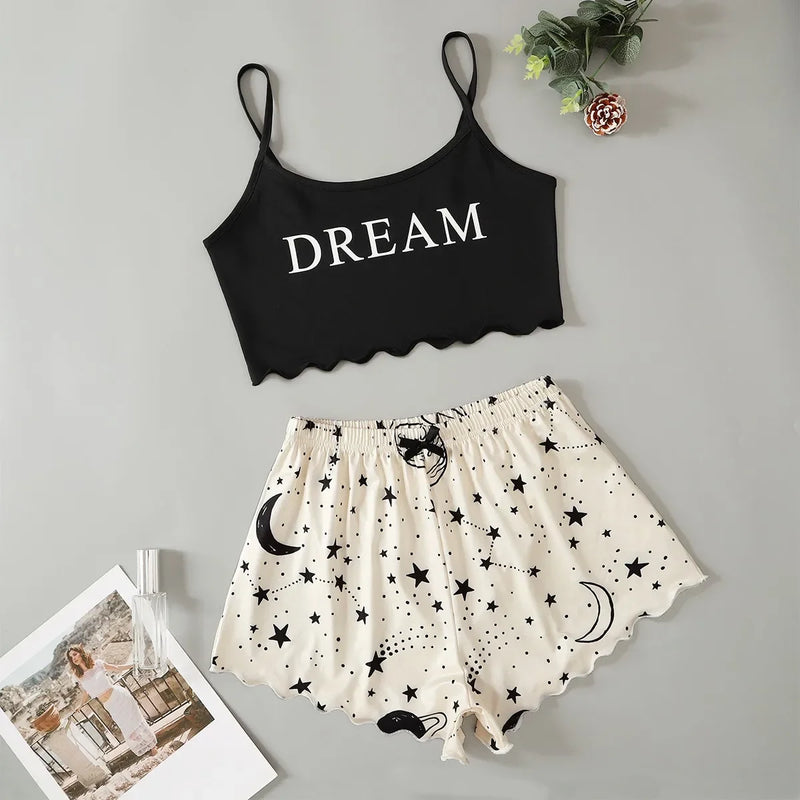 Summer Moon Stars Letter Printed Pajama Set Women Sexy Lingerie Sleeveless Crop Tops with Shorts Pyjamas Sets Suit Sleepwear