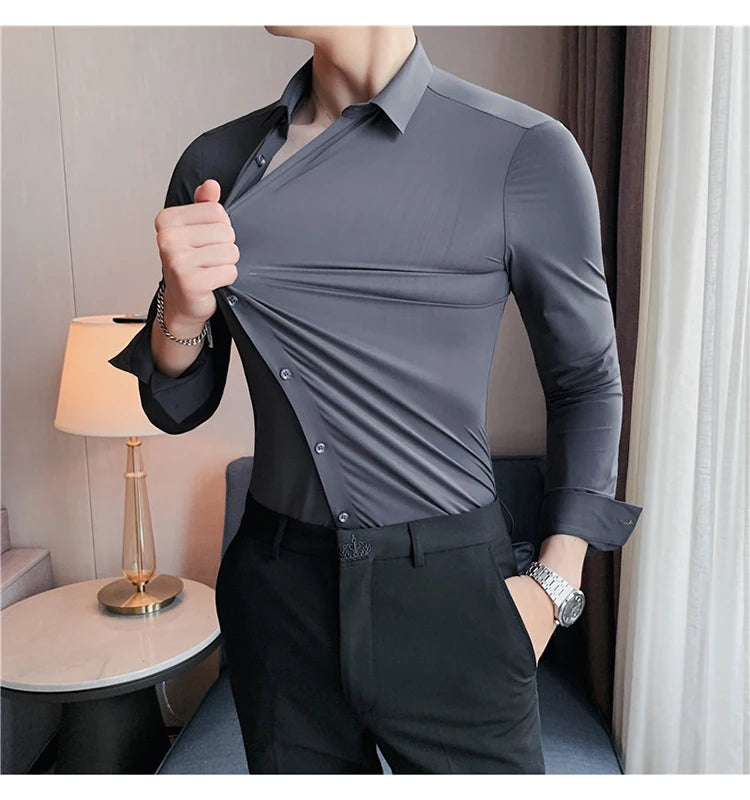 Plus Size 4XL-M High Elasticity Seamless Shirts Men Long Sleeve Top Quality Slim Casual Luxury Shirt Social Formal Dress Shirts