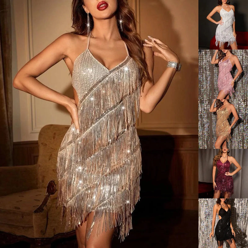 Women Sequin Fringe Mini Dress Sling Tassel Hem Sparkly Spaghetti Strap Backless Bodycon Elegant Cocktail Party Short Dress Y2K