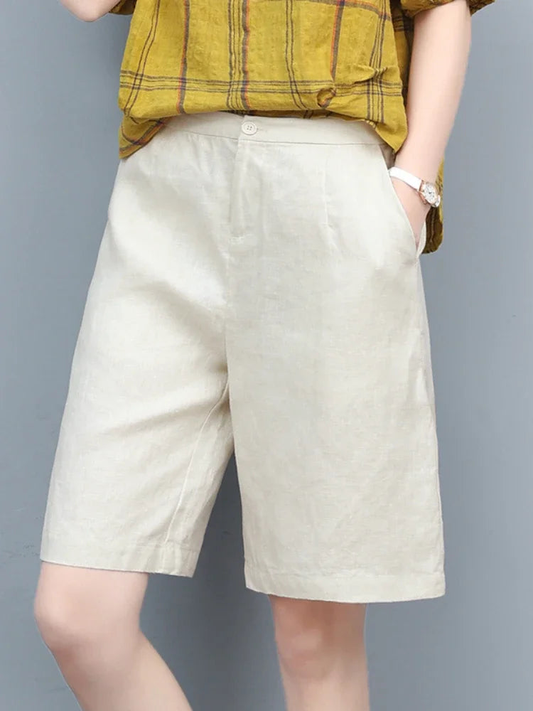 High Waist COTTON Linen Women's Shorts Loose Casual Solid Women's Summer Shorts Basic Black Coffee Semi-elasticated Waist Shorts