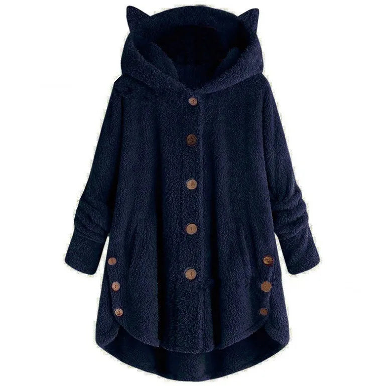 Casaco de penas monocromático feminino, botão Parkas com capuz, blusa de pelúcia de gato, jaqueta irregular, monocromática, pele, inverno