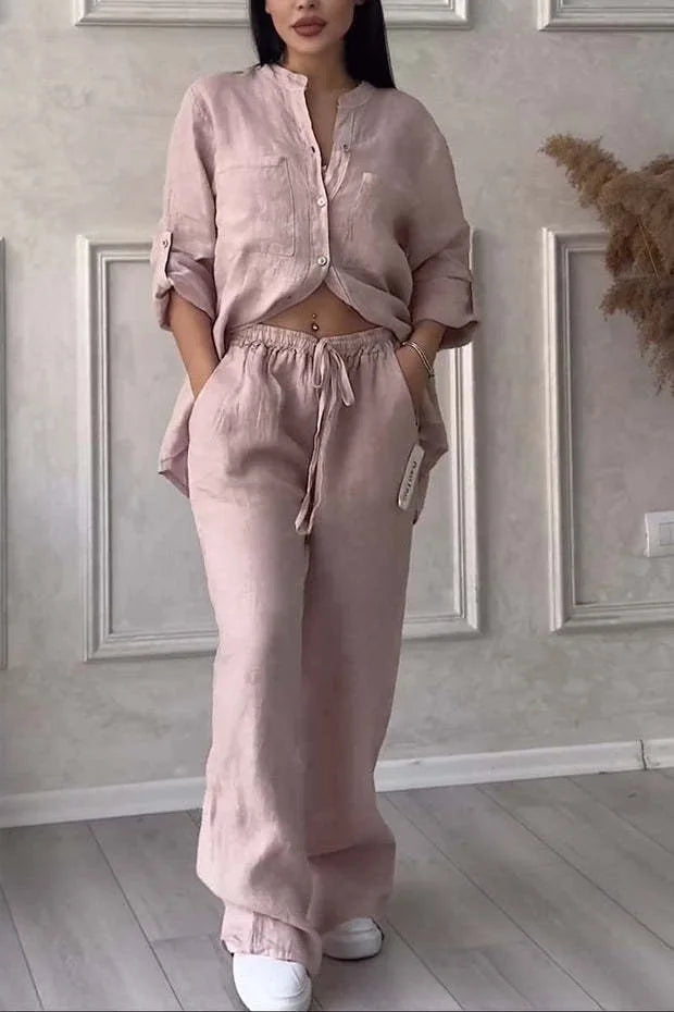 Cotton Linen Shirt Pants 2 Piece Set For Women 2024 Spring Autumn Long Sleeve Blouse Wide Leg Solid Suits Female Casual Outfits