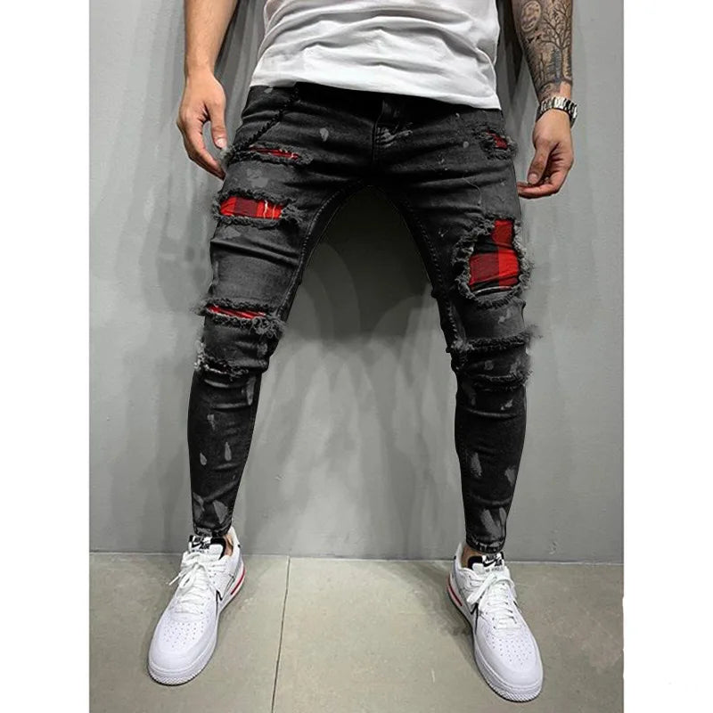 Men Jeans Knee Hole Ripped Stretch Skinny Denim Pants Solid Splice Color Blue Autumn Summer Hip-Hop Style Slim Fit Trousers 2023