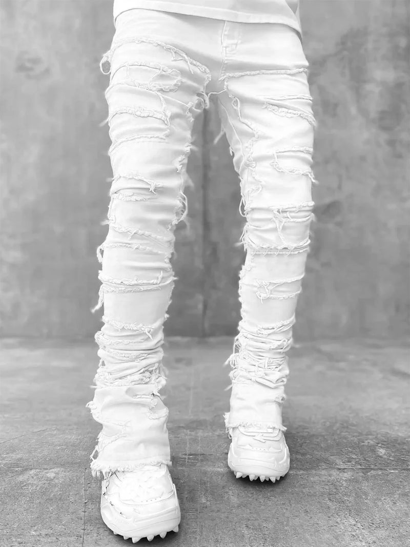 High Street White Men's Stacked Jeans Stretched Patchwork Tassel Damaged Denim Full Length Pants Hip-pop Trousers For Male