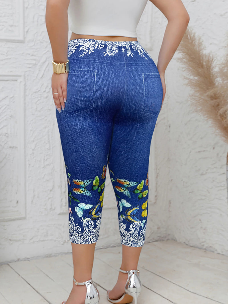 Plus Size Women's Capri Leggings with Butterfly Pattern Denim-Look Print Comfortable Stretch Fashion Casual Mid-Calf Knit Pants