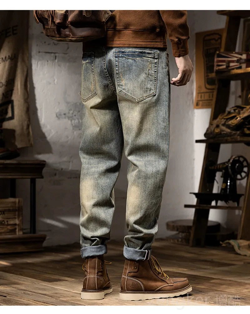 Spring Autumn Men's Jeans Men's Stretchy Calf Pants Trendy Harlem Pants Loose Plus Size Long Pants Retro jeans 46 44