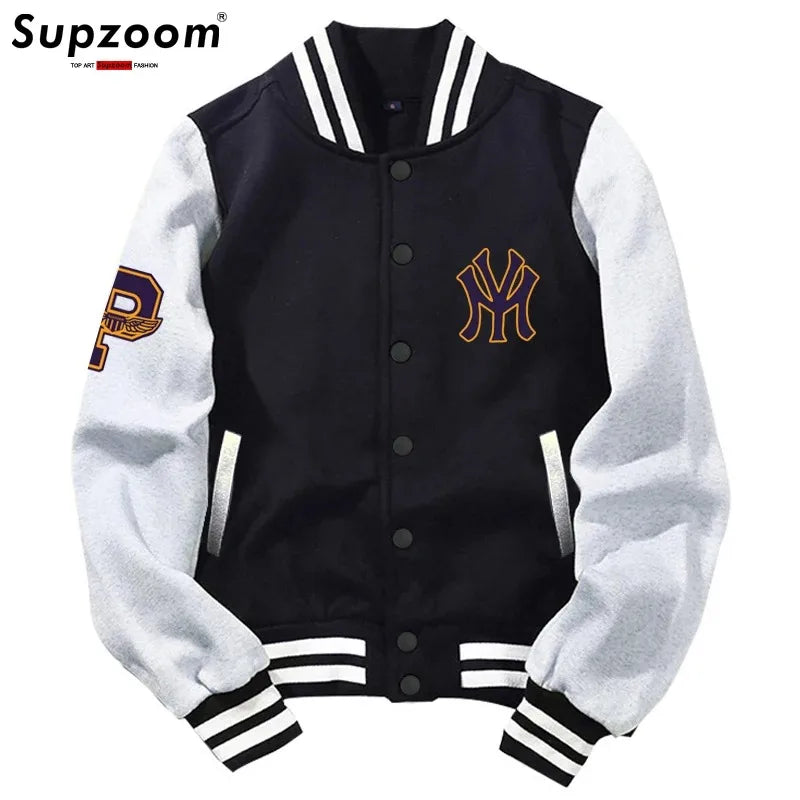 Supzoom New Arrival Letter Rib Sleeve Cotton Top Fashion Logo Single Breasted Casual Print Baseball Jacket Loose Cardigan Coat