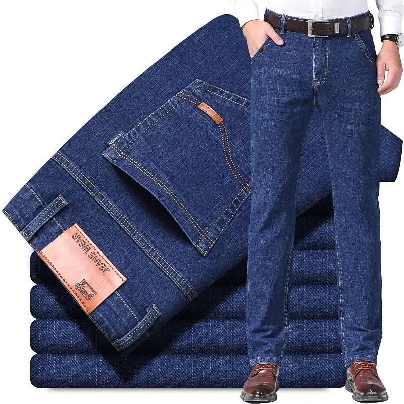 New men's blue and black elastic business wrinkle resistant and wear-resistant jeans straight tube multifunctional denim pants