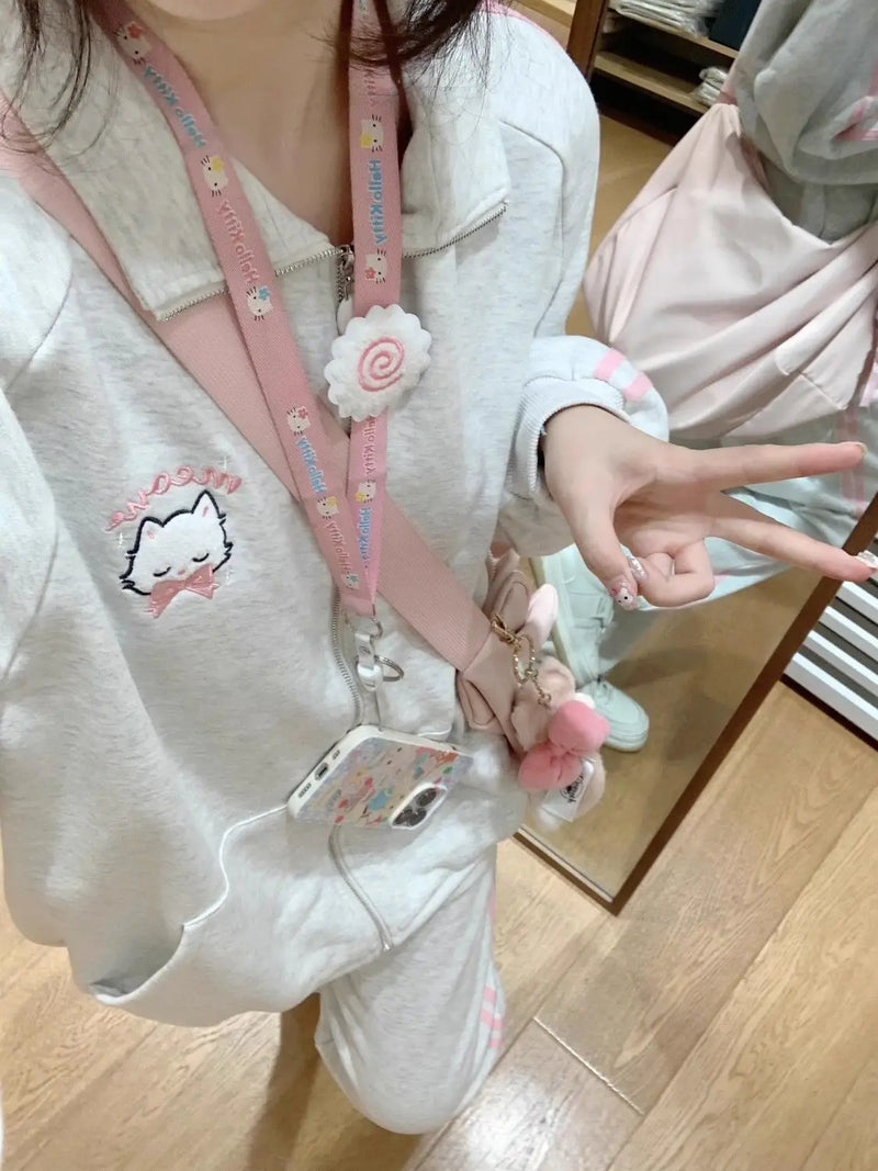 Hoodie com zíper Houzhou-Kawaii feminino, bordado gato rosa, moletom com capuz extragrande, moda japonesa, Harajuku fofo, inverno, 2023