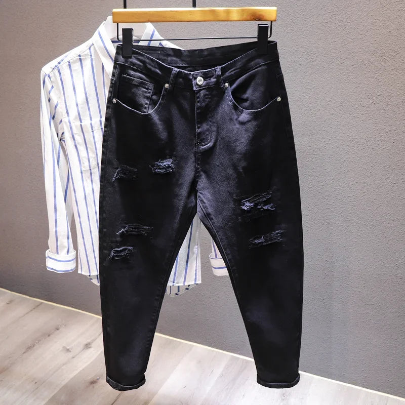 New White Jeans Men All-match Fashion Ripped Hole Slim Stretch Harem Pants Comfortable Male Streetwear Denim Trousers