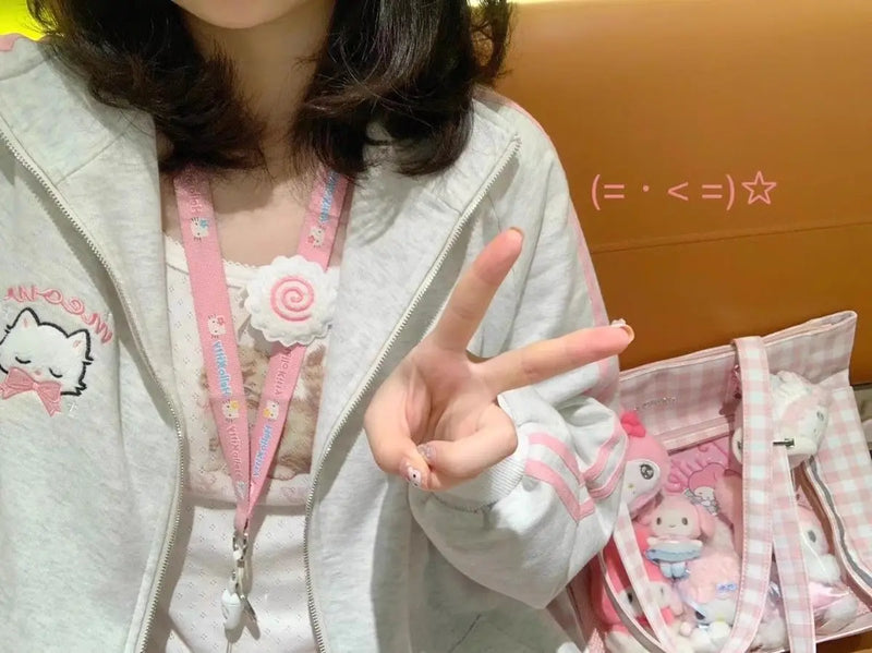 Hoodie com zíper Houzhou-Kawaii feminino, bordado gato rosa, moletom com capuz extragrande, moda japonesa, Harajuku fofo, inverno, 2023