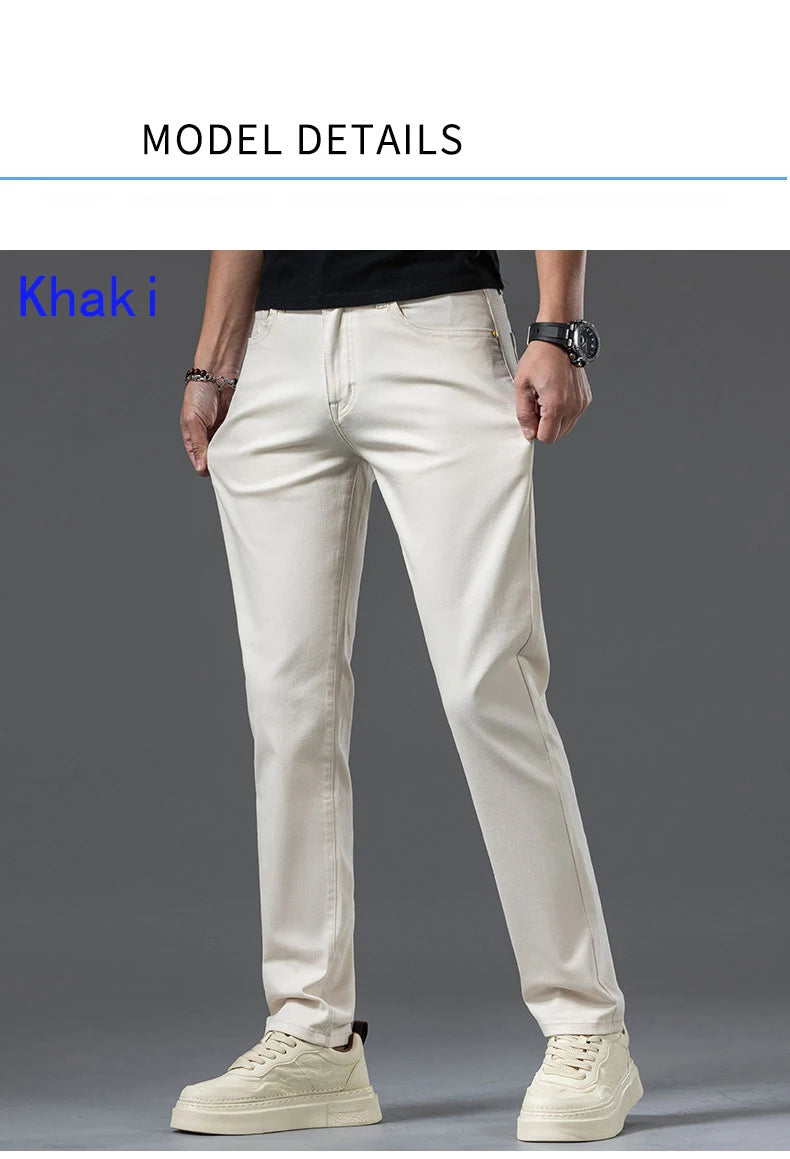 New Fashion Brand Jeans Men's Khaki White Straight Denim Medium Waist Fashion Stretch Casual Cotton Denim Pants