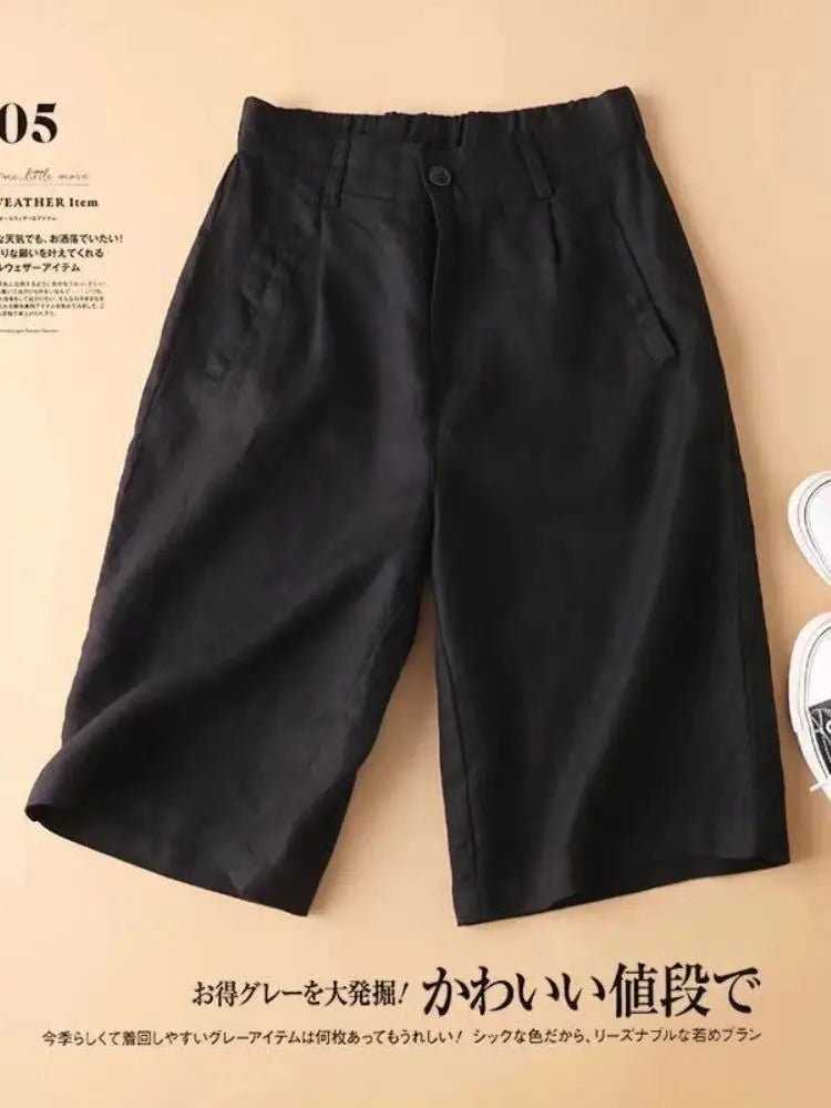 High Waist COTTON Linen Women's Shorts Loose Casual Solid Women's Summer Shorts Basic Black Coffee Semi-elasticated Waist Shorts