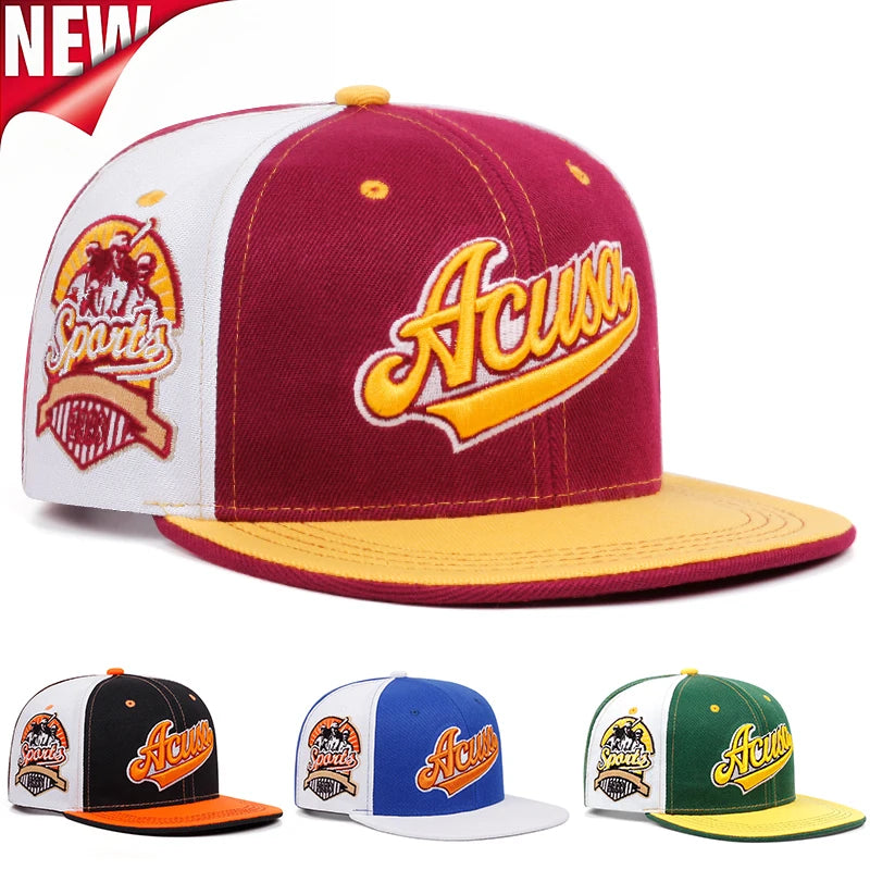 Novo boné Acusa Snapback bordado com blocos de cores Hip Hop Fashion Outdoor ajustável para homens e mulheres Chapéu de beisebol com proteção solar