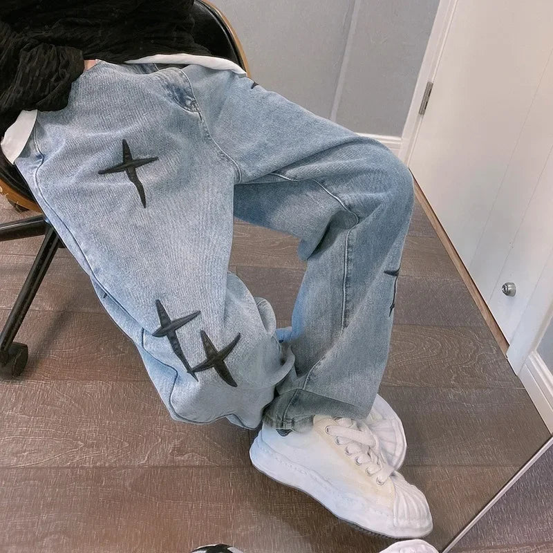 Men Designer Prints Star Jeans Streetwear Loose Wide Leg Jeans Boyfriend Vintage Fashion Straight Casual Loose Denim Cargo Pants