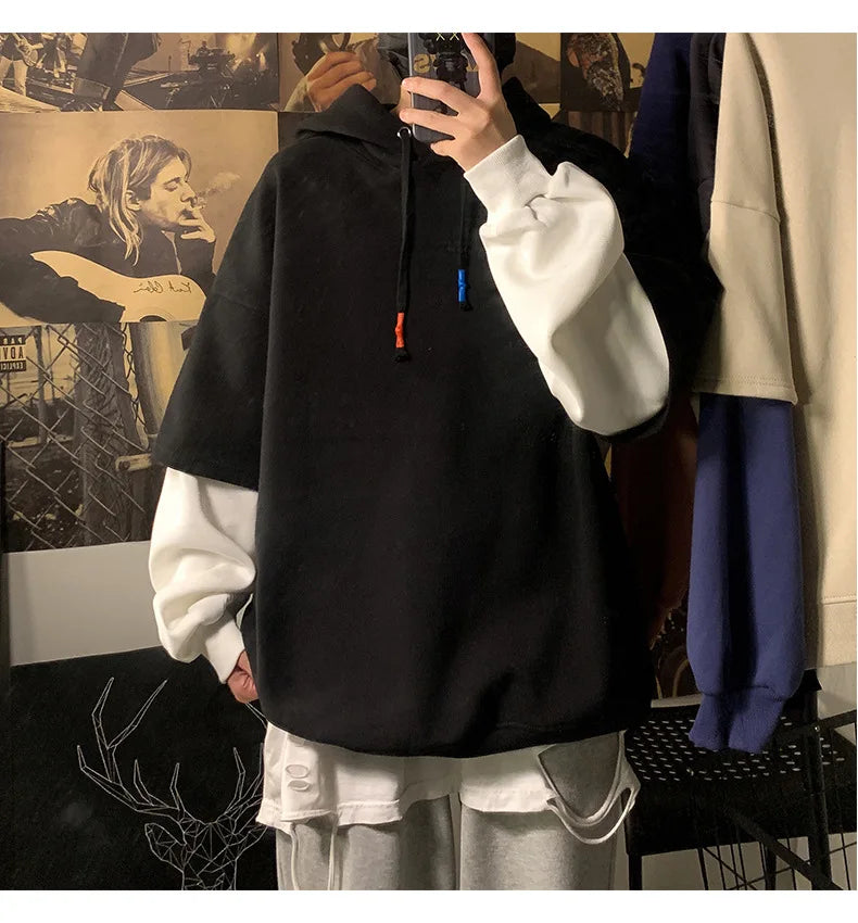 Hooded Sweatshirts Patchwork Fake Two Piece Pullover Top Student Oversized Hooded Korean Fashion High Street Hip Hop Men Clothes