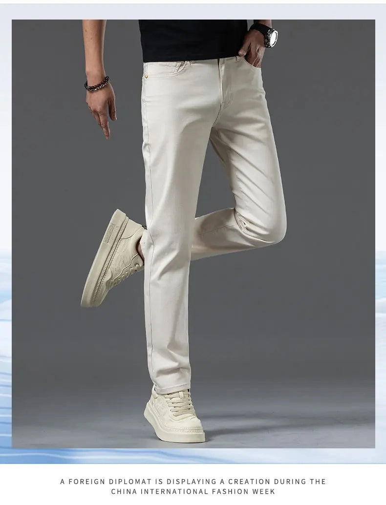 New Fashion Brand Jeans Men's Khaki White Straight Denim Medium Waist Fashion Stretch Casual Cotton Denim Pants