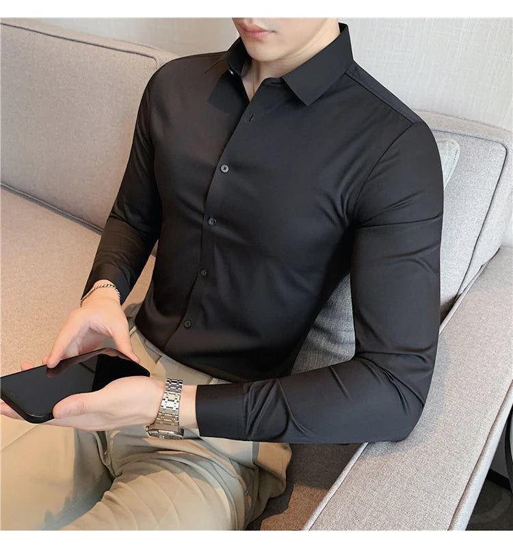 Plus Size 4XL-M High Elasticity Seamless Shirts Men Long Sleeve Top Quality Slim Casual Luxury Shirt Social Formal Dress Shirts