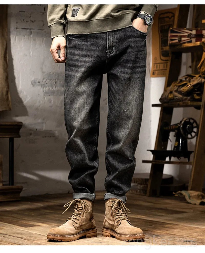 Spring Autumn Men's Jeans Men's Stretchy Calf Pants Trendy Harlem Pants Loose Plus Size Long Pants Retro jeans 46 44