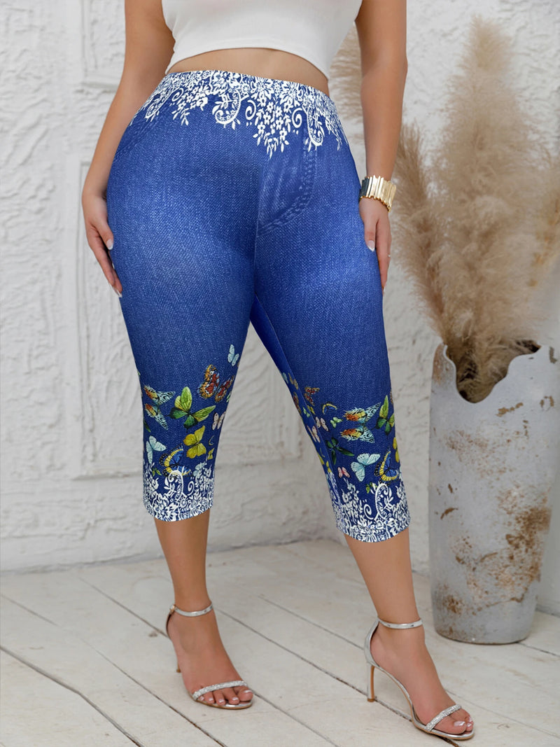 Plus Size Women's Capri Leggings with Butterfly Pattern Denim-Look Print Comfortable Stretch Fashion Casual Mid-Calf Knit Pants