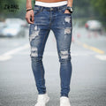 Mens Stretchy Ripped Skinny Embroidered Jeans Men's White Pants Destroyed Hole Slim Fit Denim High Quality Hip Hop Men trousers