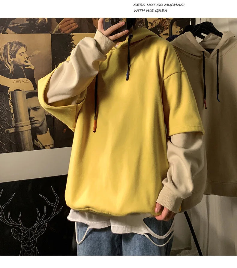 Hooded Sweatshirts Patchwork Fake Two Piece Pullover Top Student Oversized Hooded Korean Fashion High Street Hip Hop Men Clothes