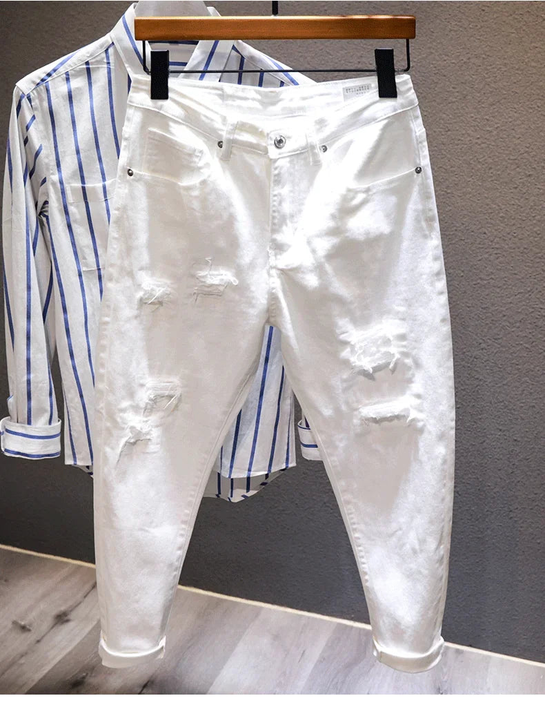 New White Jeans Men All-match Fashion Ripped Hole Slim Stretch Harem Pants Comfortable Male Streetwear Denim Trousers