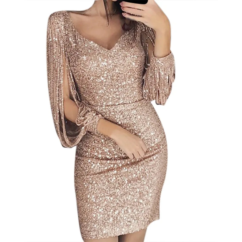 Sexy Sequin Tassel Long Sleeve Dress For Women V-neck Slim Hip Mini Skirt Party Dresses Clubwear Elegant Shiny Female New Year