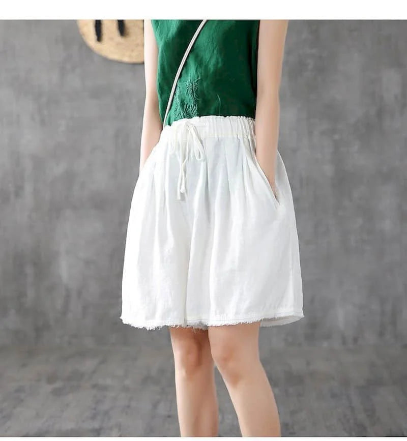 Solid Shorts for Women Summer Sale Linen Casual Straight Short Pants Korean Style Elastic Waist Wide Leg Trousers Women Clothing