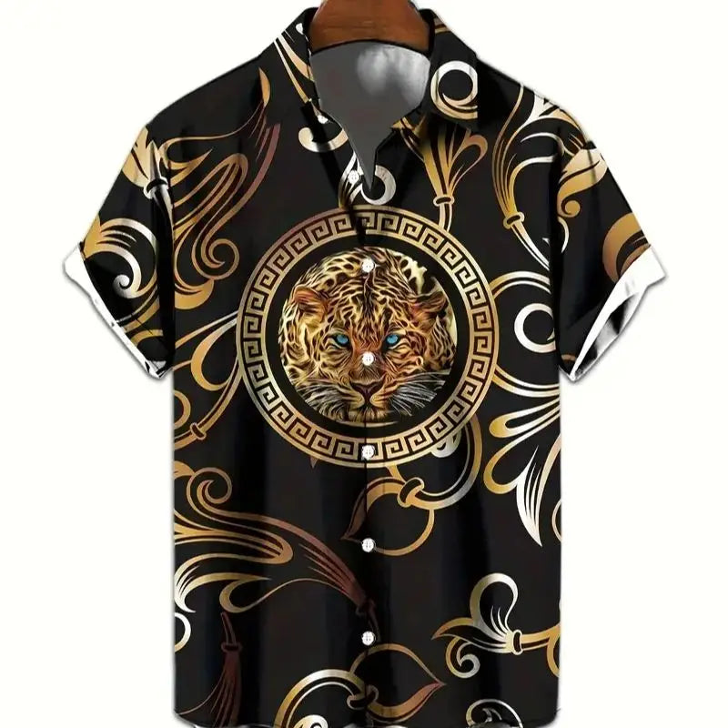 Retro men's short sleeved shirt with luxurious gold Baroque chain pattern suitable for summer banquet street wear