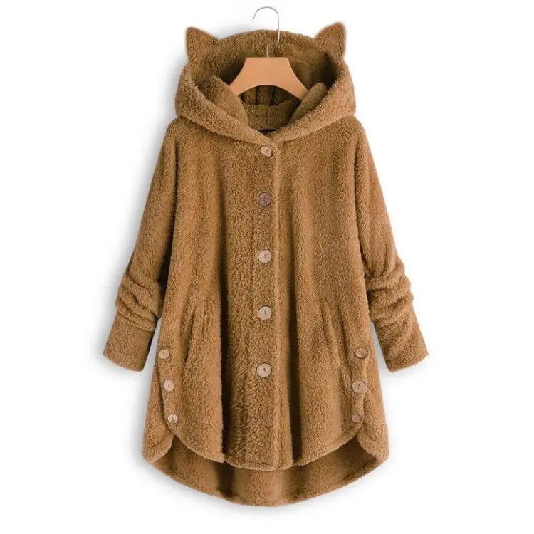 Casaco de penas monocromático feminino, botão Parkas com capuz, blusa de pelúcia de gato, jaqueta irregular, monocromática, pele, inverno