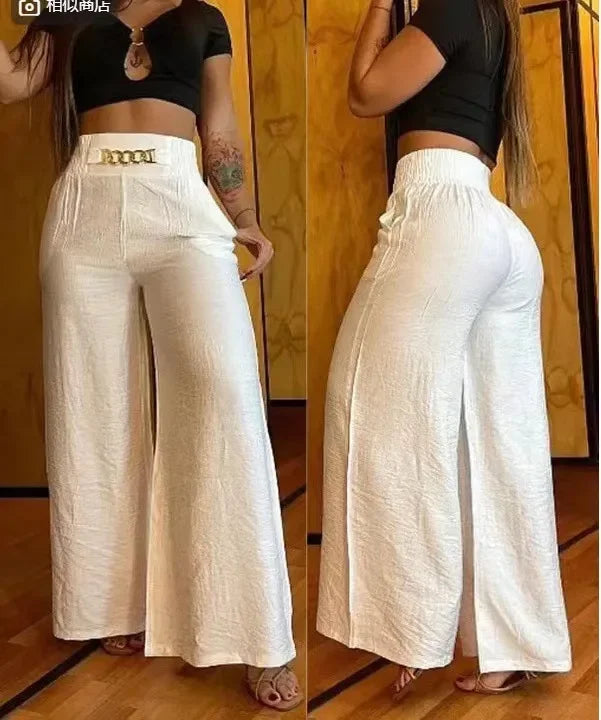 Calças femininas de cintura alta e pernas largas, decoração elegante com corrente, calças pretas, roupas casuais, branco, verão