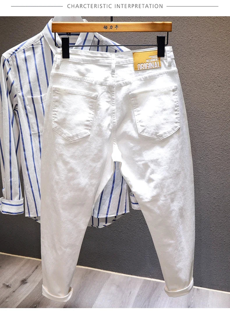 New White Jeans Men All-match Fashion Ripped Hole Slim Stretch Harem Pants Comfortable Male Streetwear Denim Trousers